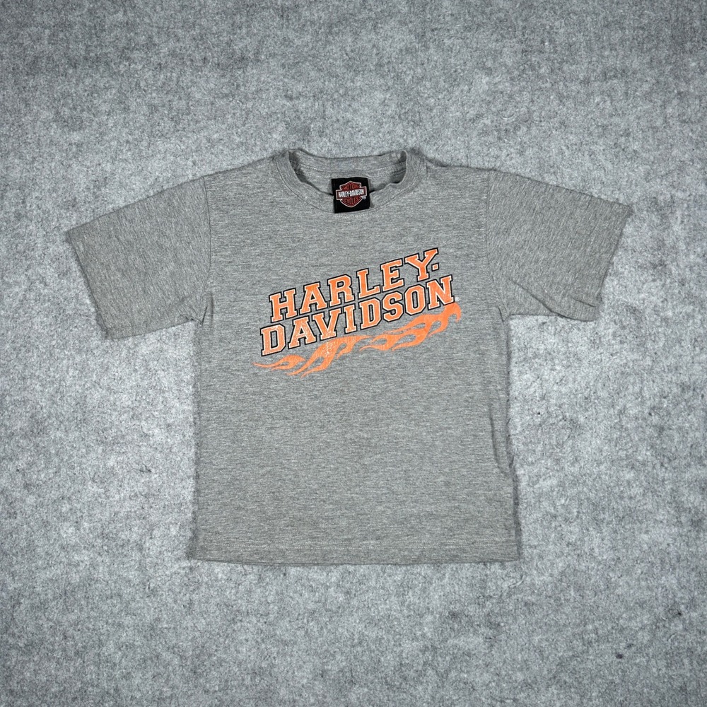 Vtg Harley Davidson T Shirt Kids Size 4 Gray Flame Graphic Biker Moto y2k